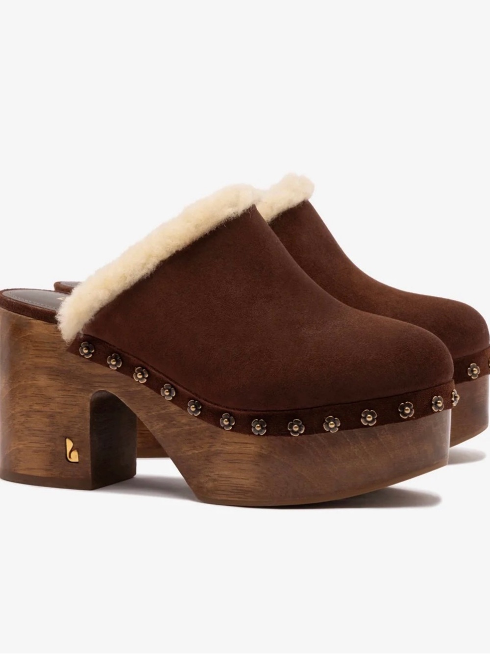 Larroude Miso Wooden Platform Clog In Brown Suede And Natural Shearling